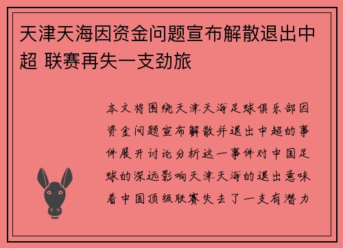 天津天海因资金问题宣布解散退出中超 联赛再失一支劲旅